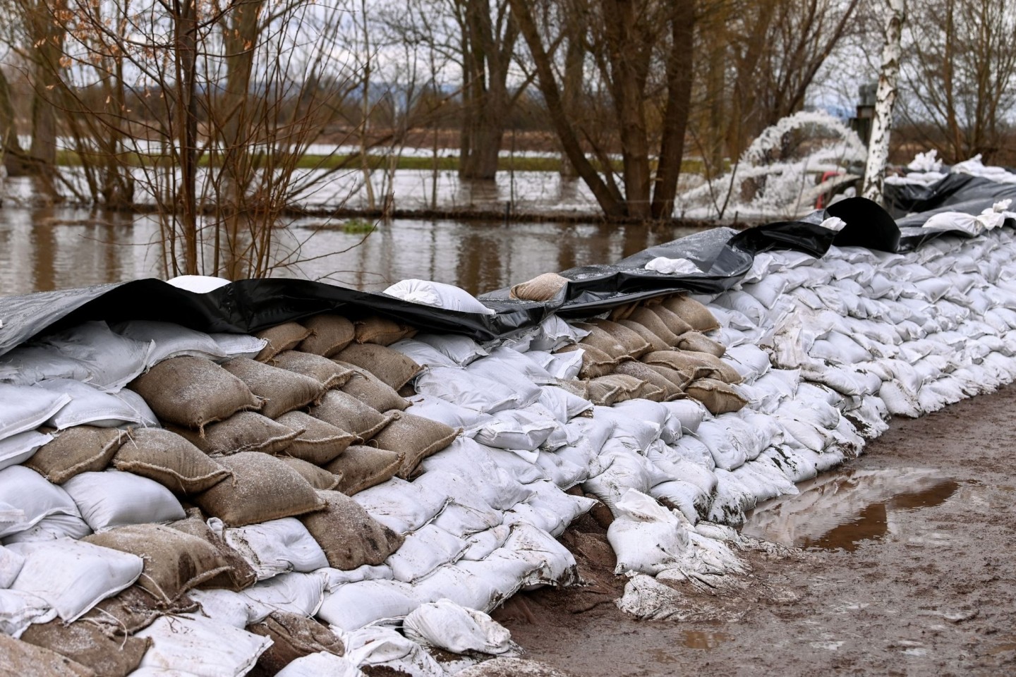 Einen großen Damm aus Sandsäcken haben freiwillige Helfer und Feuerwehren in den letzten Tagen an der Helme errichtet.