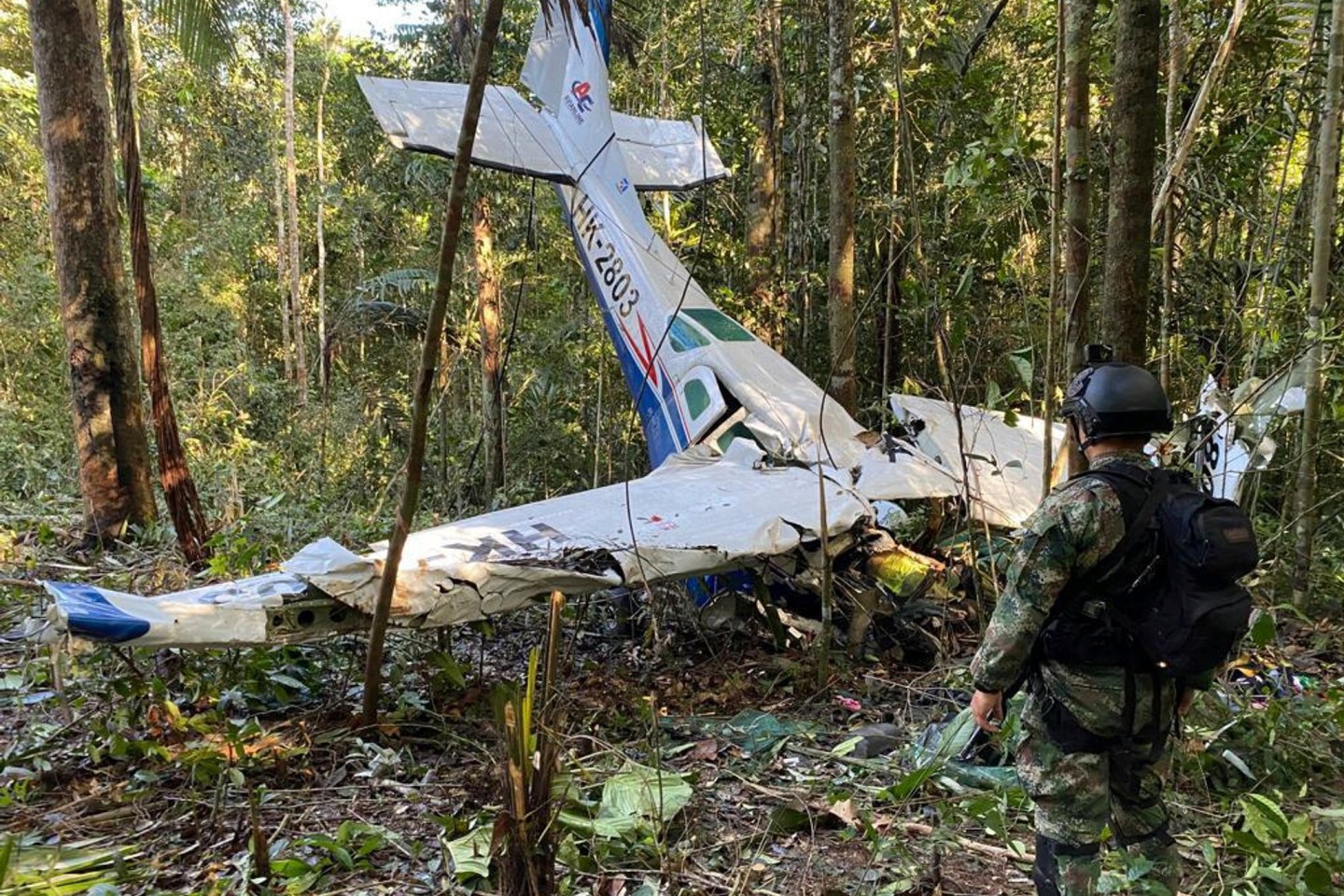 Ein kolumbianischer Soldat steht vor dem Wrack der Cessna, die am 18. Mai 2023 über dem Dschungel von Solano abstürzte.